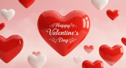 Red and white hearts floating on a pink background