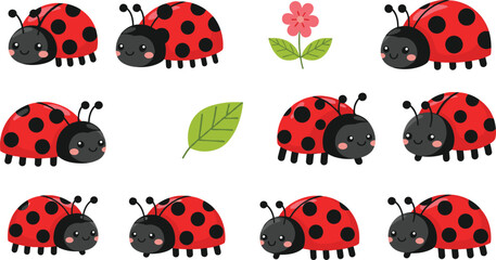 Set of cute cartoon ladybugs in different positions with pink flower and green leaf isolated on white background for kids design © Sahidul