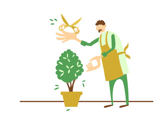 Gardener pruning and shaping a small tree in a pot, metaphor for care, growth and business development, flat vector illustration.