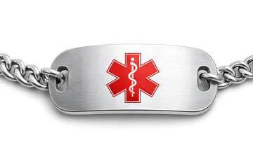 Stainless steel medical alert id bracelet on a chain with a red caduceus symbol for patient emergency identification and professional healthcare safety management.