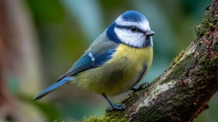 Fototapeta premium A vibrant blue tit perched on a mossy branch, with a soft blurred background of foliage