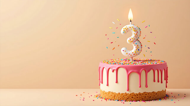 Pink 3rd birthday cake with number candle on cream background - ideal for toddler milestone celebrations, third anniversary invites, and festive bakery branding.