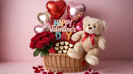 A Valentine's Day gift basket with a teddy bear and roses