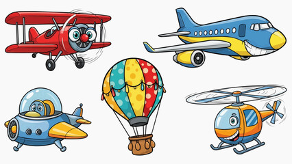 Set of Cartoon Aircraft Illustrations with Cute Smiling Faces © Nur
