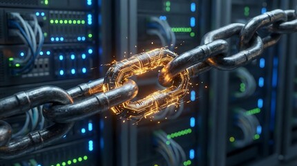 Blockchain technology concept with metal chain transforming into digital blocks,glowing links in server room,representing strong data security,cryptocurrency connection,cyber defense system.