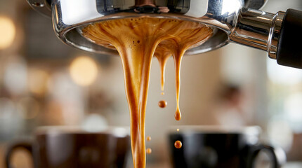 Close-up of espresso extraction with rich golden crema dripping from a portafilter, showcasing barista craftsmanship, specialty coffee brewing, texture, and fresh espresso preparation
