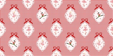 seamless pattern with Ballet dancer doll, Christmas decoration, festive ornament seasons greetings hand-drawn on red ribbon background.

