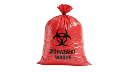Red biohazard waste bag with png isolated transparent background black biohazard symbol and text on black background