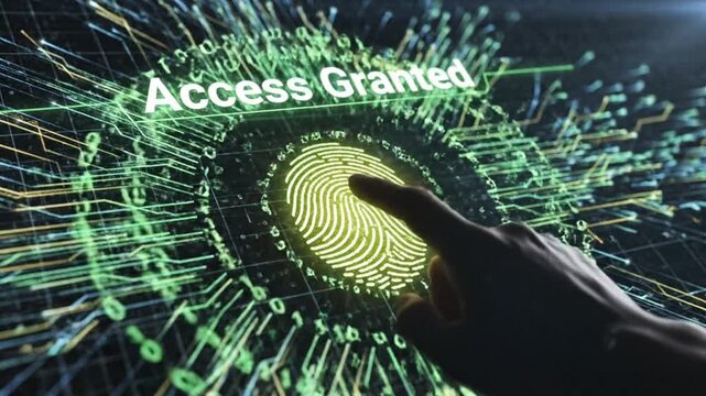 Fingerprint scan granting access to secure digital Page swirling with green circuit lines