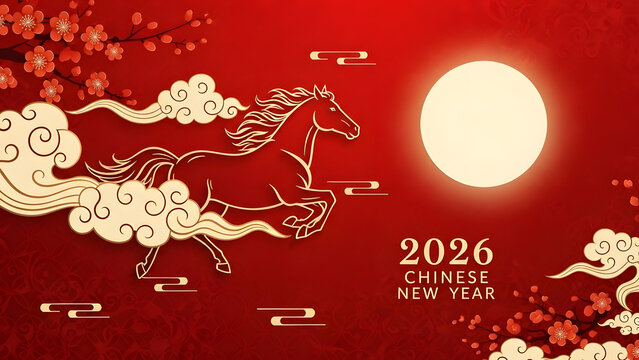 Golden celestial horse illustration, gracefully running amidst traditional clouds and cherry blossoms, heralding the auspicious 2026 Chinese Lunar New Year