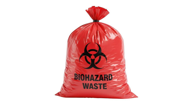 Red biohazard waste bag with png isolated transparent background black biohazard symbol and text on black background