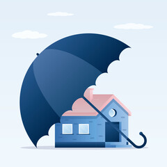House under umbrella. Property protection concept. Home insurance. House insurance concept. Real estate protection, home safety, security.