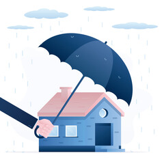 House under umbrella. Property protection concept. Home insurance. House insurance concept. Real estate protection, home safety, security.