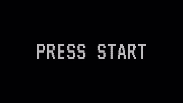 Press Start animation  on transparent background, black retro game screen, start prompt, Classic video game intro, Vintage game UI, Animated start message, Press Start text video in 4k.