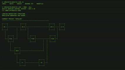 Version control diagram on a vintage retro old green CRT screen overlay with some system text. Green retro text on black screen with diagram. 80's retro display overlay 16:9 with horizontal lines.