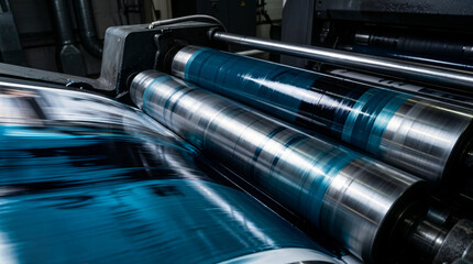Printing rollers in motion with vibrant ink on industrial print press  