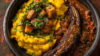 Close up of a bowl with mashed yellow vegetables and cooked plantain with a dark sauce and herbs
