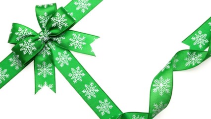Green ribbon with snowflakes on white background