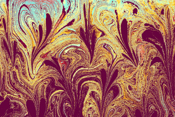 Vibrant psychedelic floral Ebru marbling art background with swirling liquid paint textures