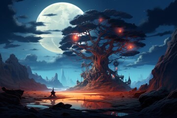 Imaginary treehouse village glowing under a large full moon during twilight in a fantastical landscape