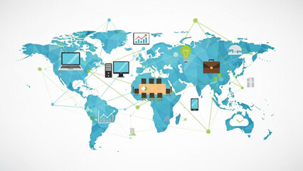 A world map with various computer and electronic devices connected by lines on a blue and with icons
