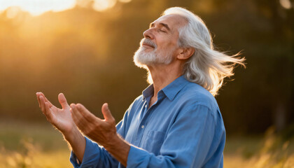 Senior man with white hair praying outdoors at sunset. Spiritual person showing faith and gratitude with hands raised. Concept of hope and belief