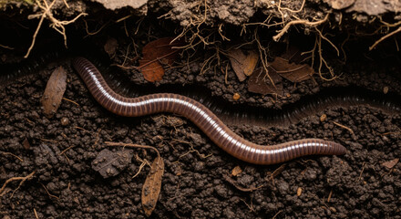 Obraz premium A close-up view of a long, brown creature with visible segmented body, amidst dark soil, suggesting underground habitat