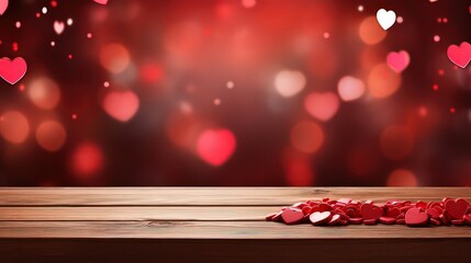 The background is blurred in the shape of red hearts, and there is a wooden floor below. Valentine's Day background.