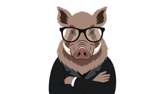 Sophisticated wild boar wearing a black suit jacket and glasses while standing with arms crossed confidently.
