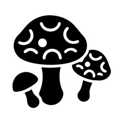A stylized black glyph icon featuring a family of mushrooms with spotted caps