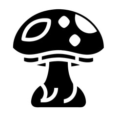 A whimsical black and white mushroom icon featuring a spotted cap and stylized stem detail