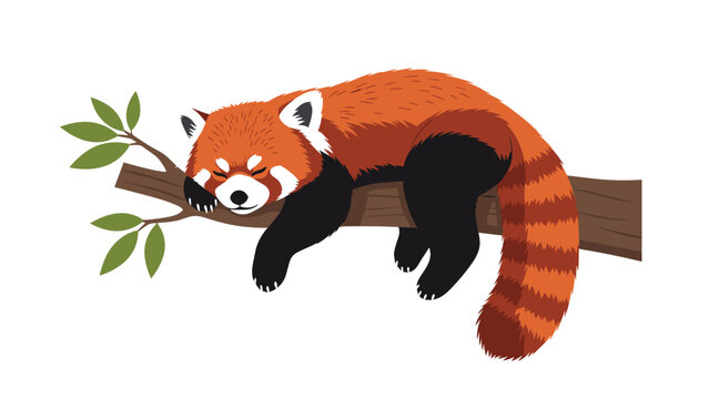 Cute red panda sleeping peacefully while lying across a tree branch with green leaves on white background.