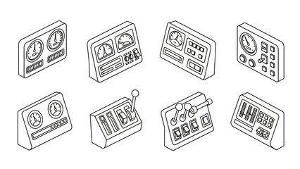 Obraz premium Eight isometric control panel illustrations featuring analog gauges levers switches meters and digital displays for complex machinery operation