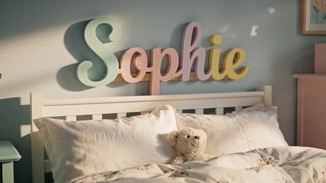 A cozy child's bedroom featuring a white bed with a teddy bear and a large, colorful "Sophie" name sign above the headboard.
