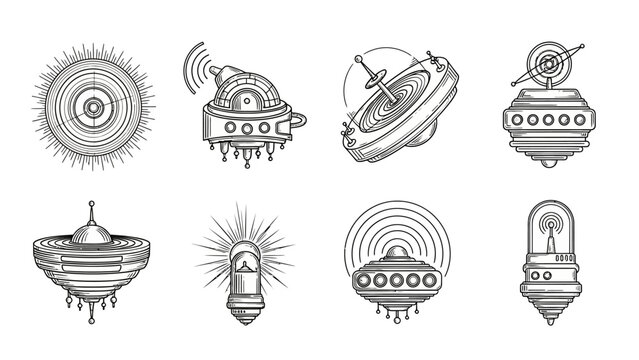 Eight abstract futuristic communication devices or unidentified flying object emblems featuring radiating signals antennae and glowing lights in monochrome
