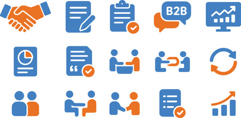 B2b business cooperation flat icons set containing handshake contract document and growth analytics