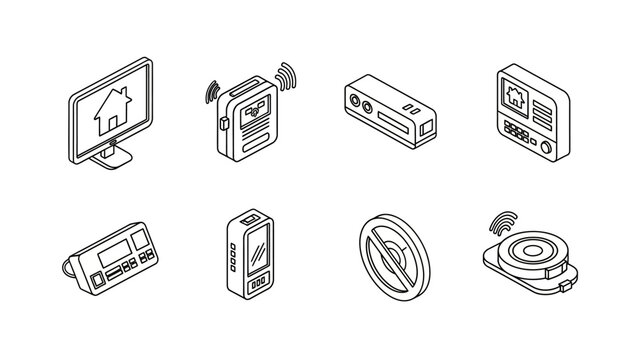 Smart home security system control panel icons set isometric line art collection monitoring technology symbols house automation interface equipment digital safety devices wireless network