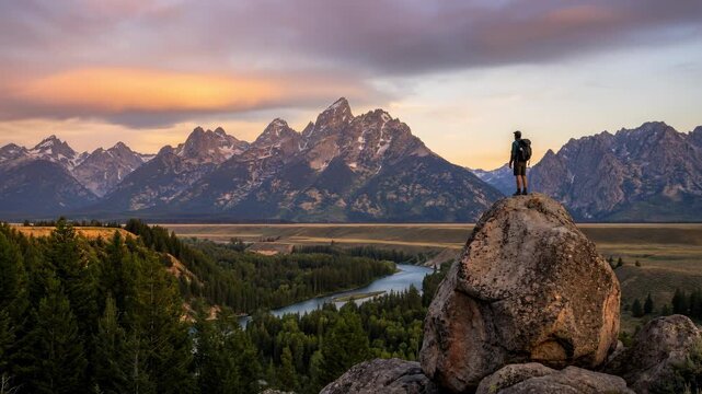 A solitary figure stands atop a rocky outcrop, gazing at a breathtaking mountain range under a vibrant, painted sky. This majestic landscape view embodies the grandeur of nature.