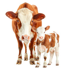 Realistic cow and calf standing together in full body view isolated on transparent background for farming and agriculture concepts.