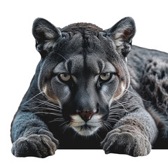 Realistic cougar lying down and looking forward wildlife animal isolated on transparent background png element.