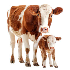 Detailed cow with small calf walking together shown in realistic style isolated on transparent background for farming visuals.