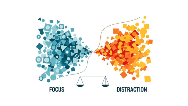Conceptual representation of focus and distraction with geometric shapes and scales