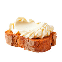 Toasted bread slice with creamy cheese spread, realistic food element isolated on transparent background.