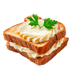 Toasted bread slice topped with creamy cheese spread, realistic food photography isolated on transparent background.