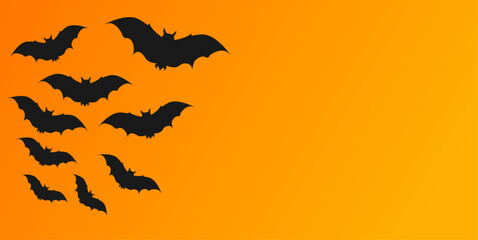 Vector. Halloween background with bats, holiday decorations. Flying bats with shadows. Halloween party invitation card mockup. Happy Halloween banner design. Flat lay, top view, copy space.