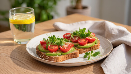 Healthy avocado toast with cherry tomatoes, microgreens and sesame on whole grain bread. Fresh vegetarian breakfast.