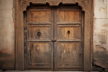 Ancient wooden double door featuring ornate carving details and rustic metal hardware on a weathered wall