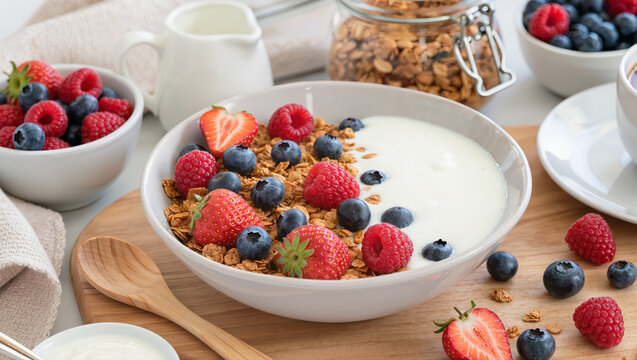 Granola with yogurt, fresh strawberries, blueberries and raspberries in a bowl. Healthy and delicious breakfast idea. - Powered by Adobe