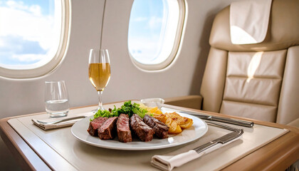 Business class meal with steak and champagne on plane. Luxury airline catering service for passenger during comfortable flight. First class travel concept with food and drink by airplane window