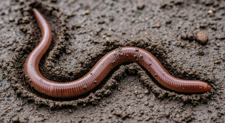 Obraz premium A close-up view of an earthworm nestled in dark, damp soil, revealing details of its segmented body and environment